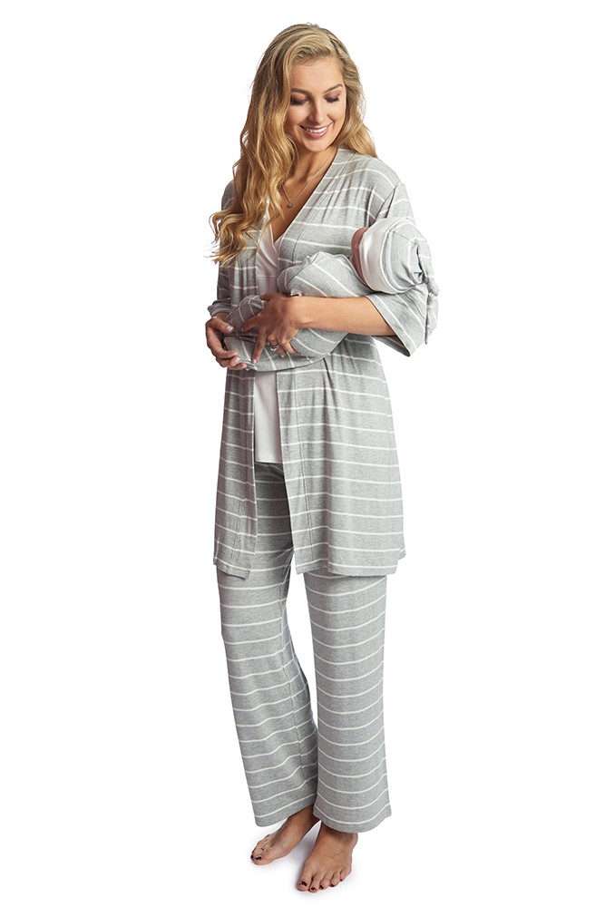 Analise 5-Piece Mom and Baby Maternity and Nursing PJ Set (Heather Grey Stripe)