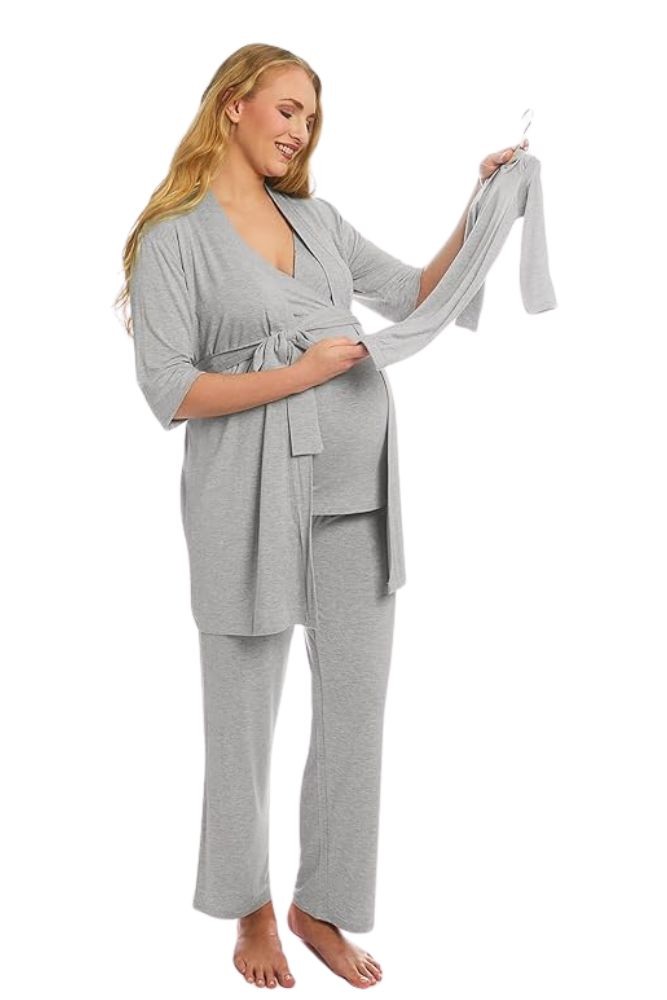 Analise 5-Piece Mom and Baby Maternity and Nursing PJ Set (Solid Heather Grey)