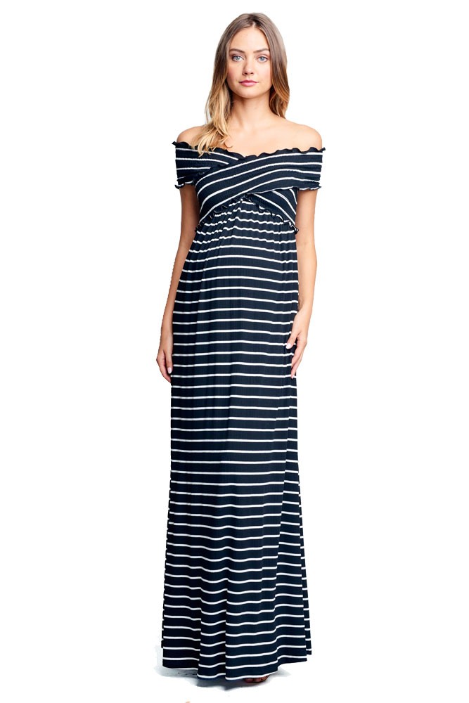 Julia Off-the-Shoulder Criss-Cross Maternity & Nursing Friendly Maxi Dress (Black Stripes)