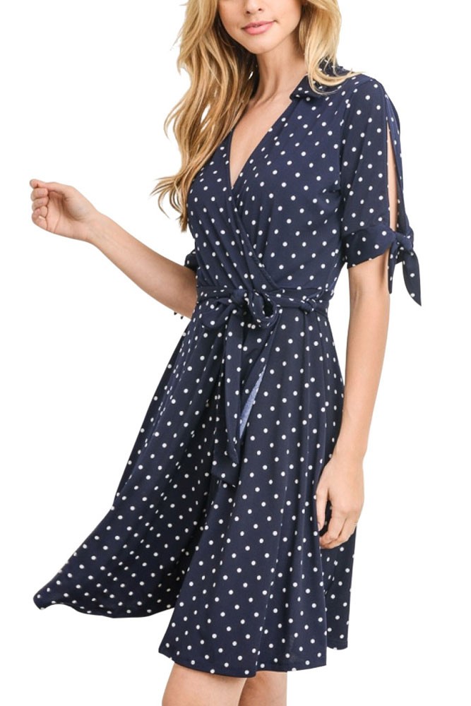 Reese Split Sleeve Nursing Friendly Wrap Dress (Navy Dot)