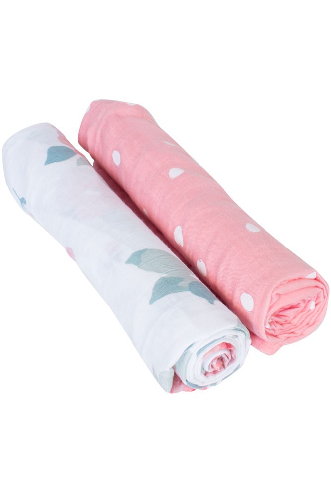 Bebe Au Lait Oh-So-Soft Luxury Bamboo Muslin Swaddles - Set of 2 (Rosy / Dewdrops)