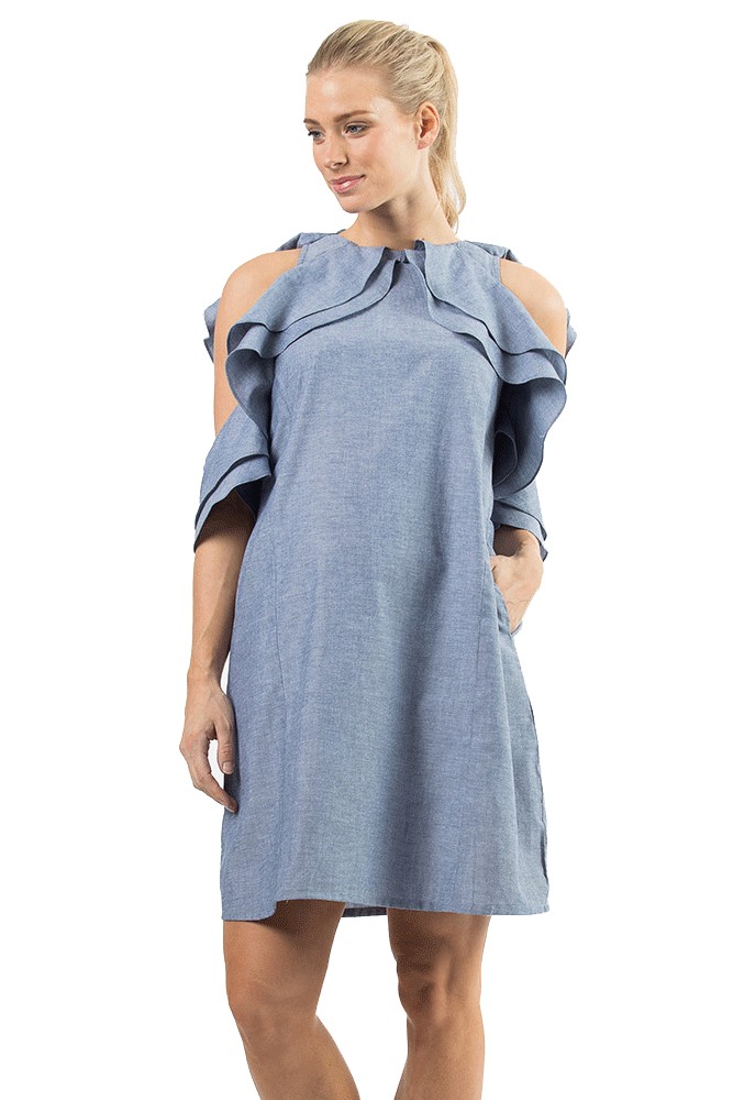 Debbie Cold Shoulder Ruffle Nursing Dress (Denim Blue)
