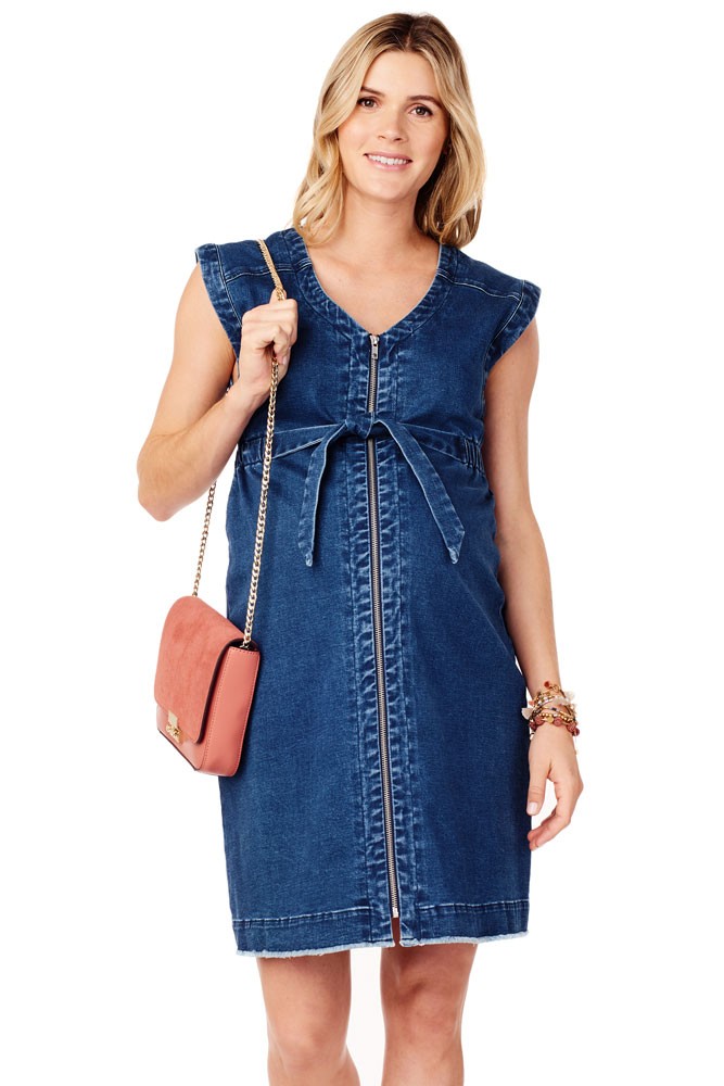 Ingrid & Isabel Zip Front Stretch Denim Maternity & Nursing Dress in Medium  Wash