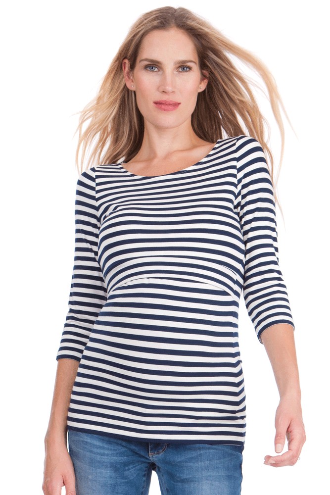 Seraphine Laina 3/4 Sleeve Stripe Maternity & Nursing Top (Navy/Ivory)