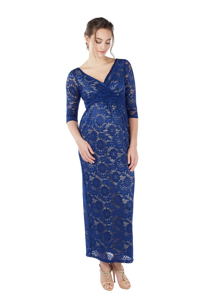 Chantel 3/4 Sleeve Lace Maxi Nursing Dress (Sapphire Blue)