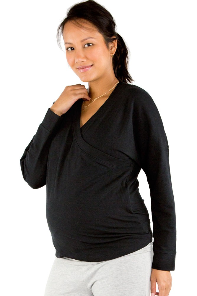 Belabumbum Cozy French Terry Surplice Nursing Sweatshirt (Black)