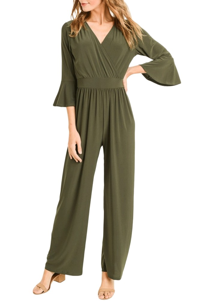 Krista Bell Sleeve Wrap Front Jumpsuit (Olive)