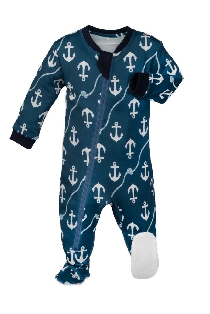 ZippyJamz Organic Baby Footed Sleeper Pajamas w. Inseam Zipper for Easy Changing (Baby Matey)