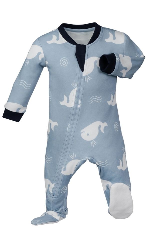 ZippyJamz Organic Baby Footed Sleeper Pajamas w. Inseam Zipper for Easy Changing (Bub Bub Beluga)