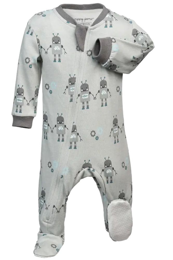 ZippyJamz Organic Baby Footed Sleeper Pajamas w. Inseam Zipper for Easy Changing (Happy Bot)