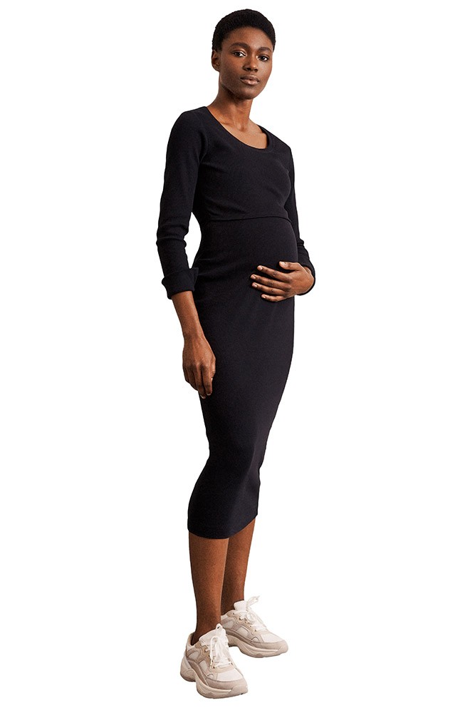 The Signe Ribbed Organic Cotton Maternity & Nursing Dress (Black)