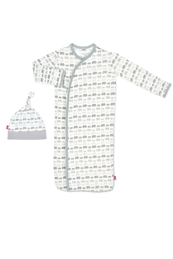 Magnetic Me™ Modal Magnetic Baby Gown & Hat Set (Grey Dancing Elephants)