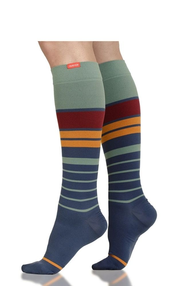 Vim & Vigr 15-20 mmHg Compression Socks - Nylon (Rise Stripe: Slate Blue & Maroon)