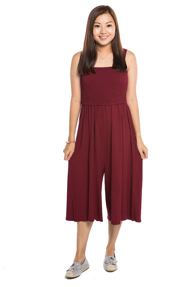 Holly Smocked Maternity & Nursing Jumpsuit (Wine)