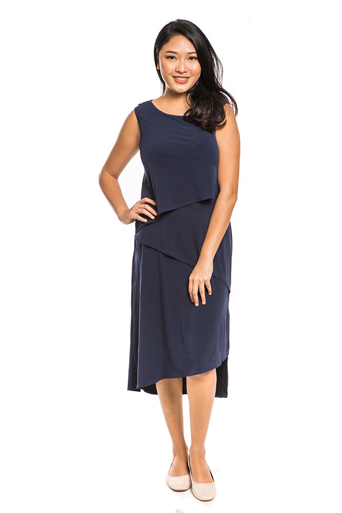 Anna Asymmetrical Tier Maternity & Nursing Dress (Navy)