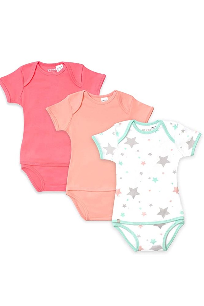 OETEO Easy-to-Wear Baby Onesies with No Snaps Bodysuits - 3 piece set (Starry Pink)