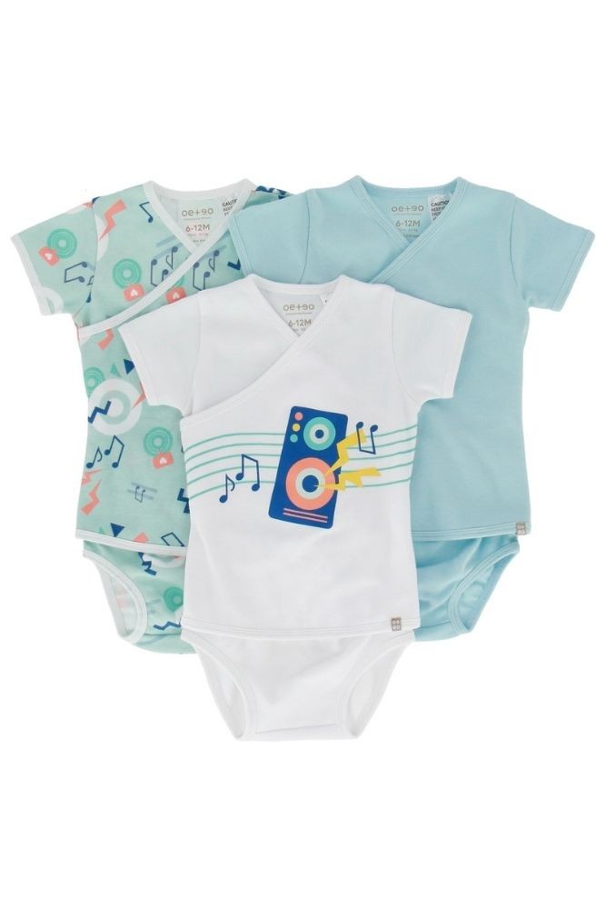 OETEO Easy-to-Wear Baby Onesies with No Snaps Bodysuits - 3 piece set (Blue Kimono)