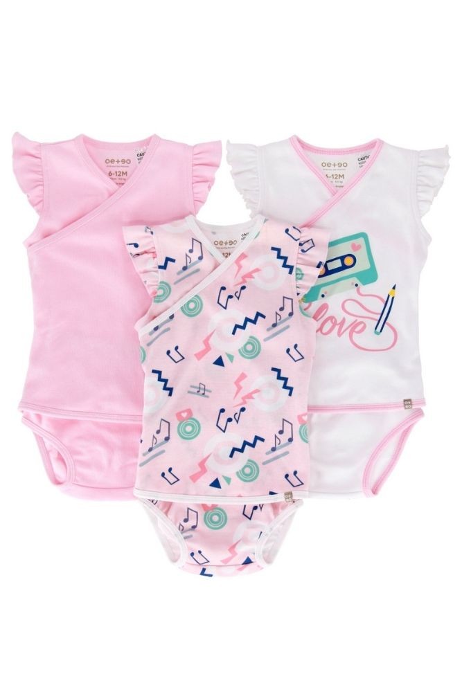 OETEO Easy-to-Wear Baby Onesies with No Snaps Bodysuits - 3 piece set (Pink Kimono)