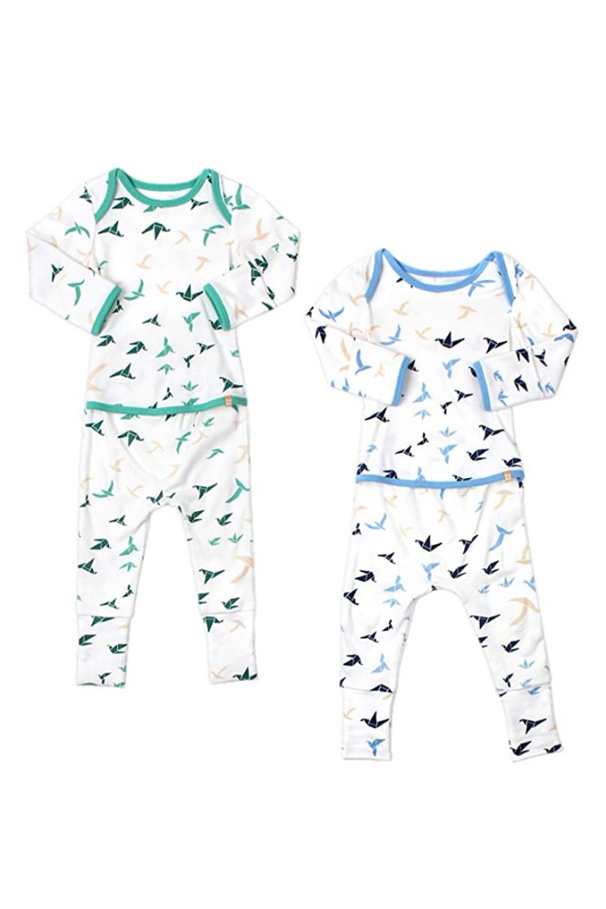 OETEO Easy-To-Wear Baby Romper with Convertible Footies and Mittens - 2 pack (Tsuru Crane Blue/Green)