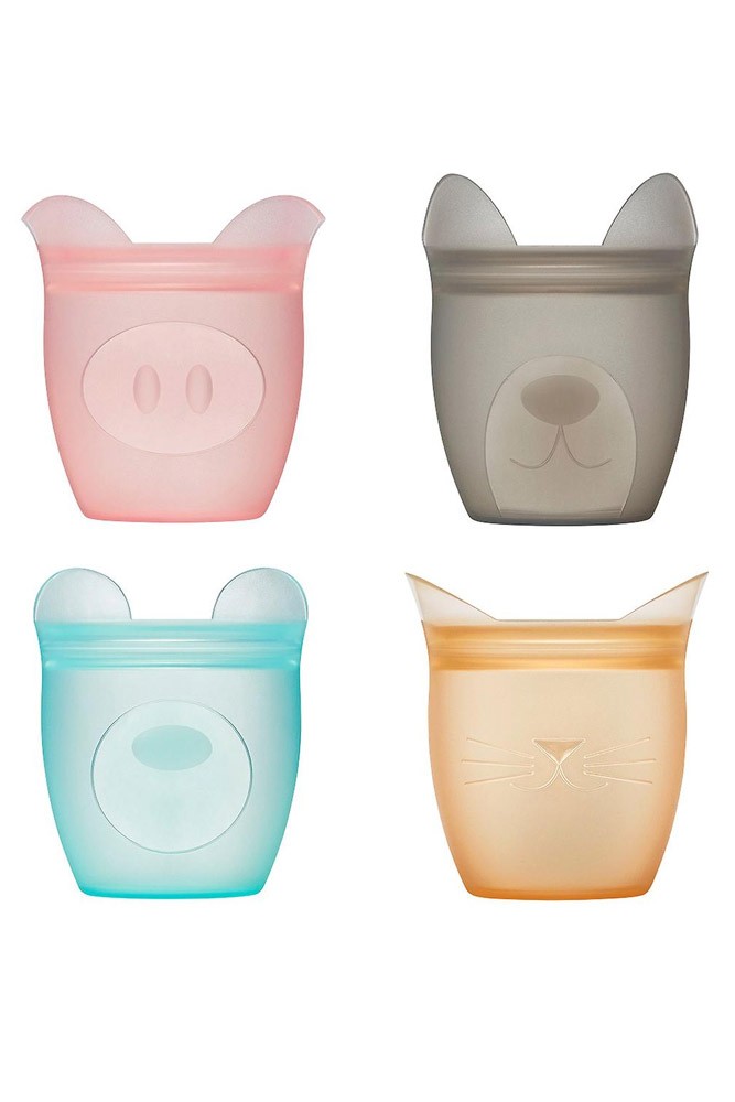 Zip Top 100% Platinum Silicone Baby Snack Containers Set of 4 (4 oz.) (Bear/Cat/Dog/Pig)