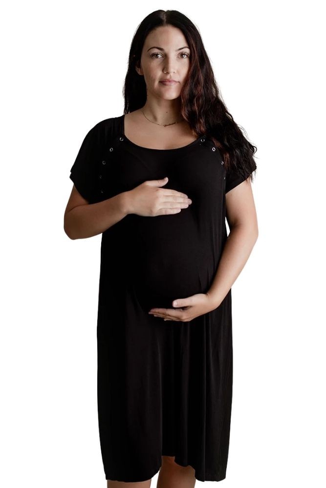 Three Little Tots Mommy Labor & Delivery Nursing Gown (Black Ribbed)