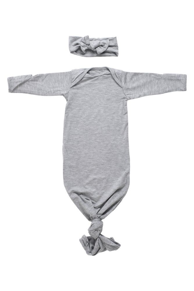 Three Little Tots Knotted Baby Gown & Bow (Gray with Bow)