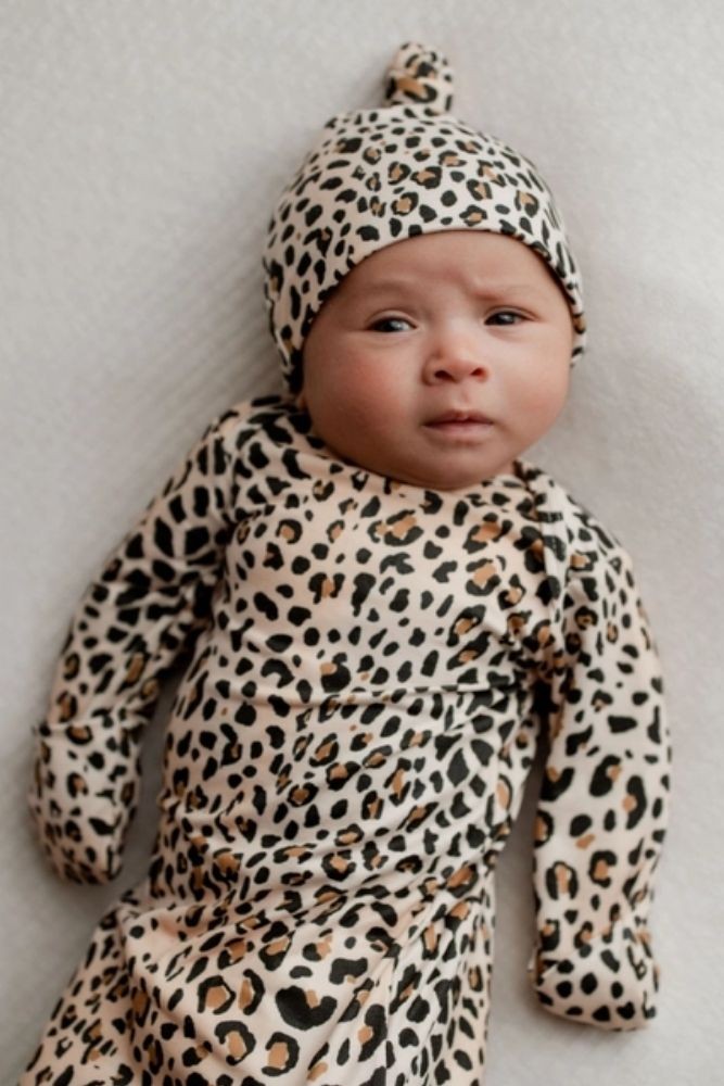 Three Little Tots Knotted Baby Gown & Hat (Leopard with Hat)