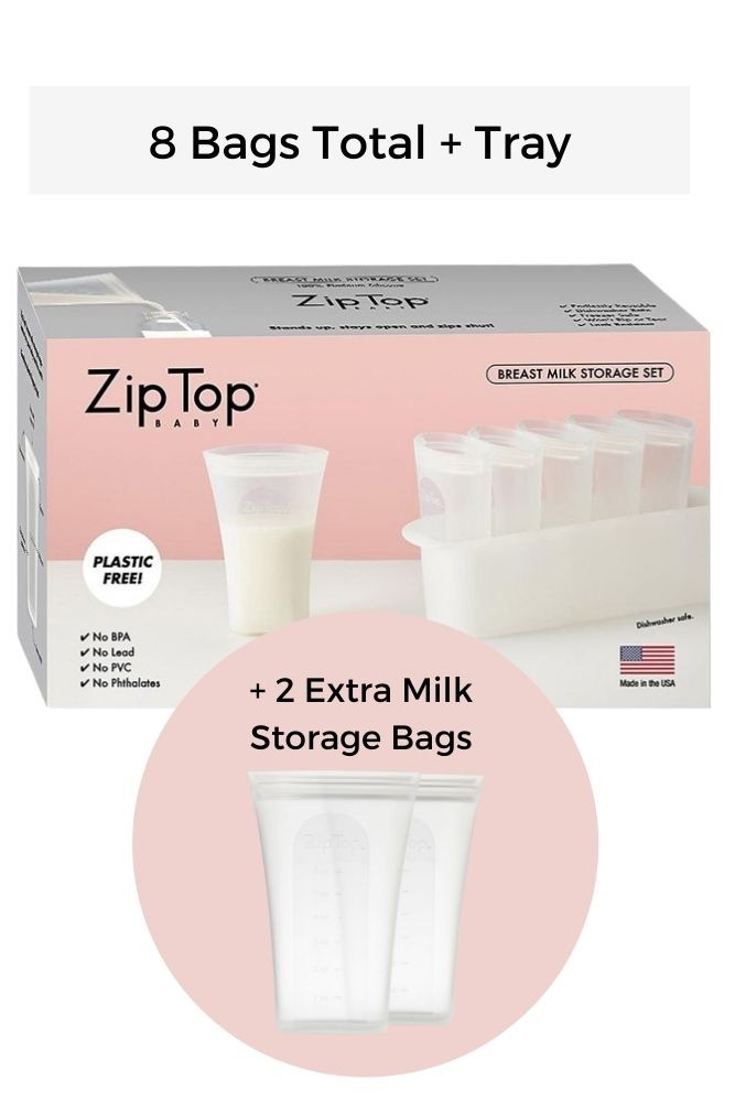 Zip Top Silicone Breast Milk Storage 6 Bag & Tray Set + 2 Extra Bags Bundle (Frost)