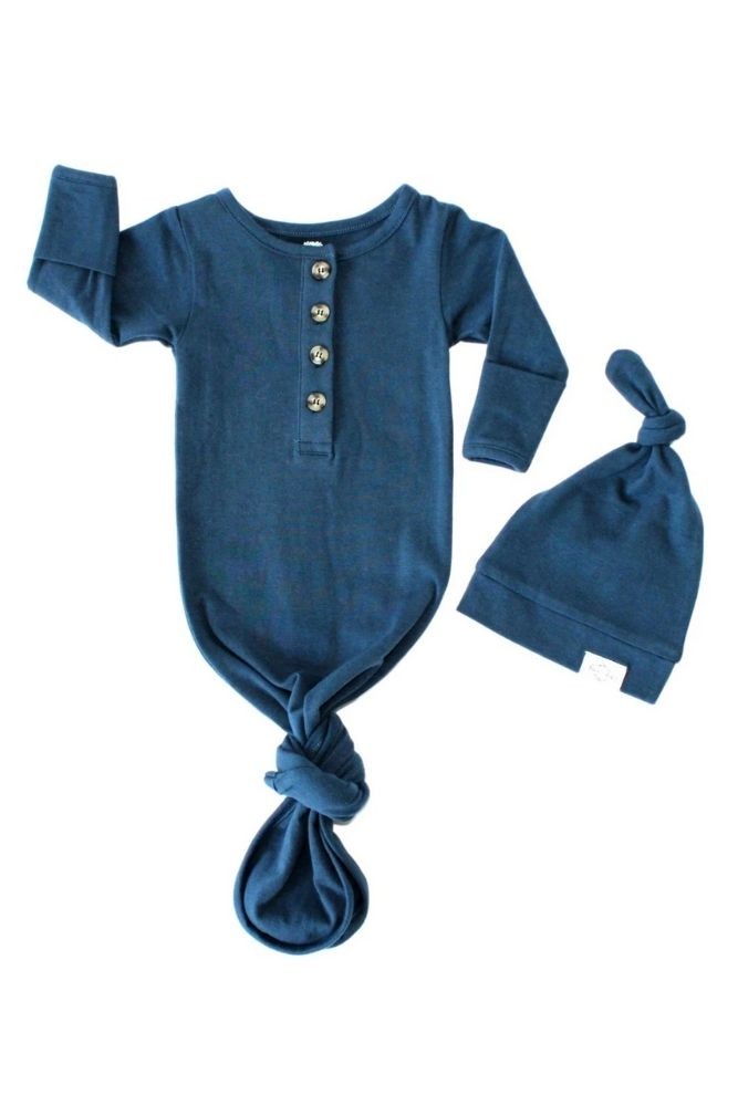 Fawn & Foster Organic Knotted Baby Gown & Hat (Navy)