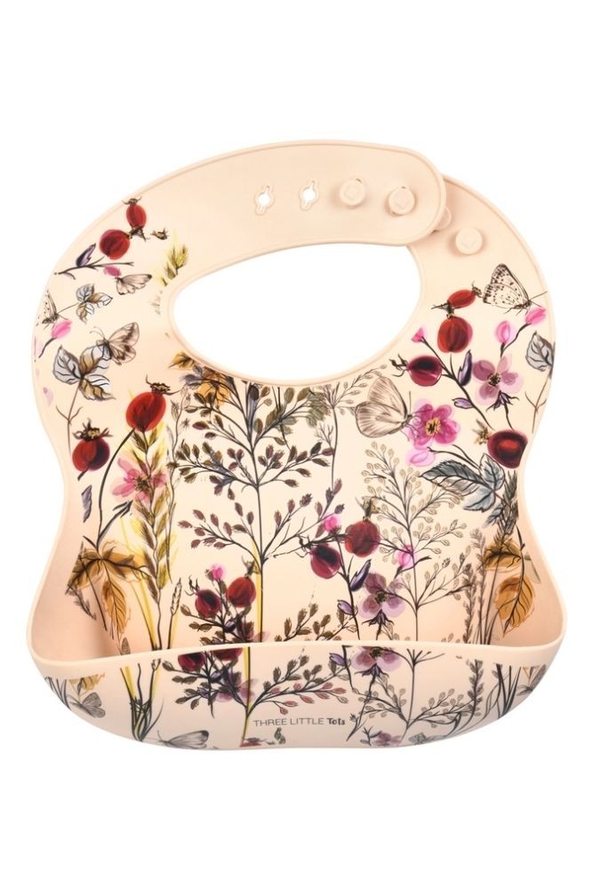 Printed Silicone Bib with Crumb Catcher (Flower Print)