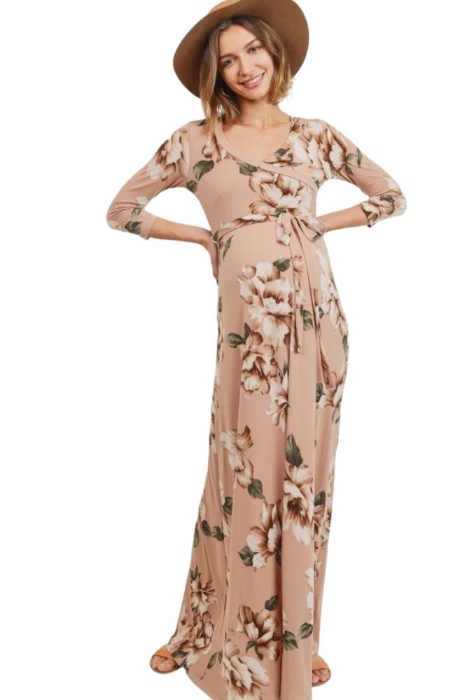 Leighton 3/4 Sleeve Wrap Front Maternity & Nursing Maxi Dress (Blush Floral)