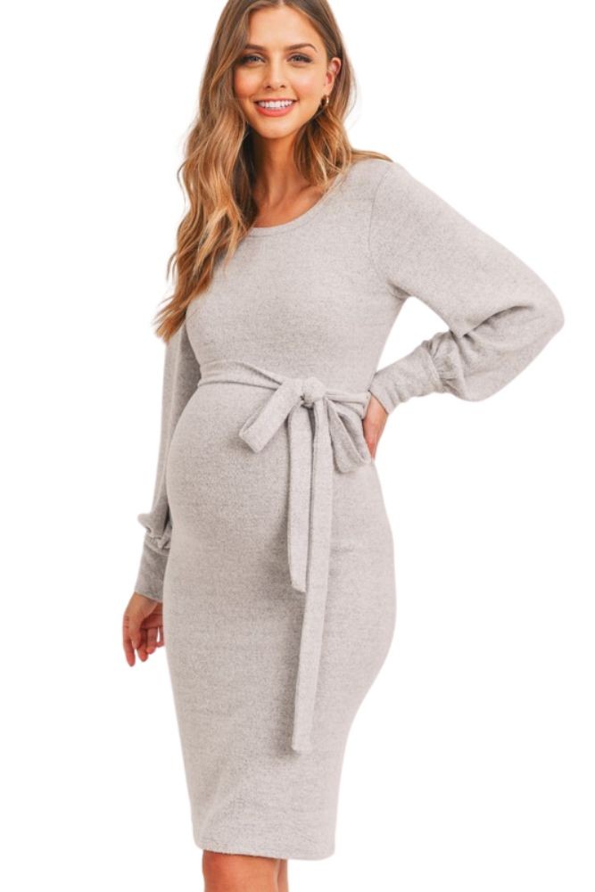 Lida Cozy Sweater Knit Belted Maternity Dress (Heather Grey)