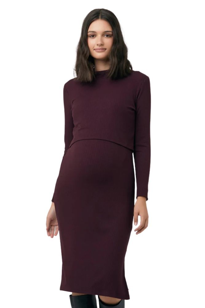 Ruby Ribbbed Knit 2-Piece Maternity & Nursing Dress (Maroon)