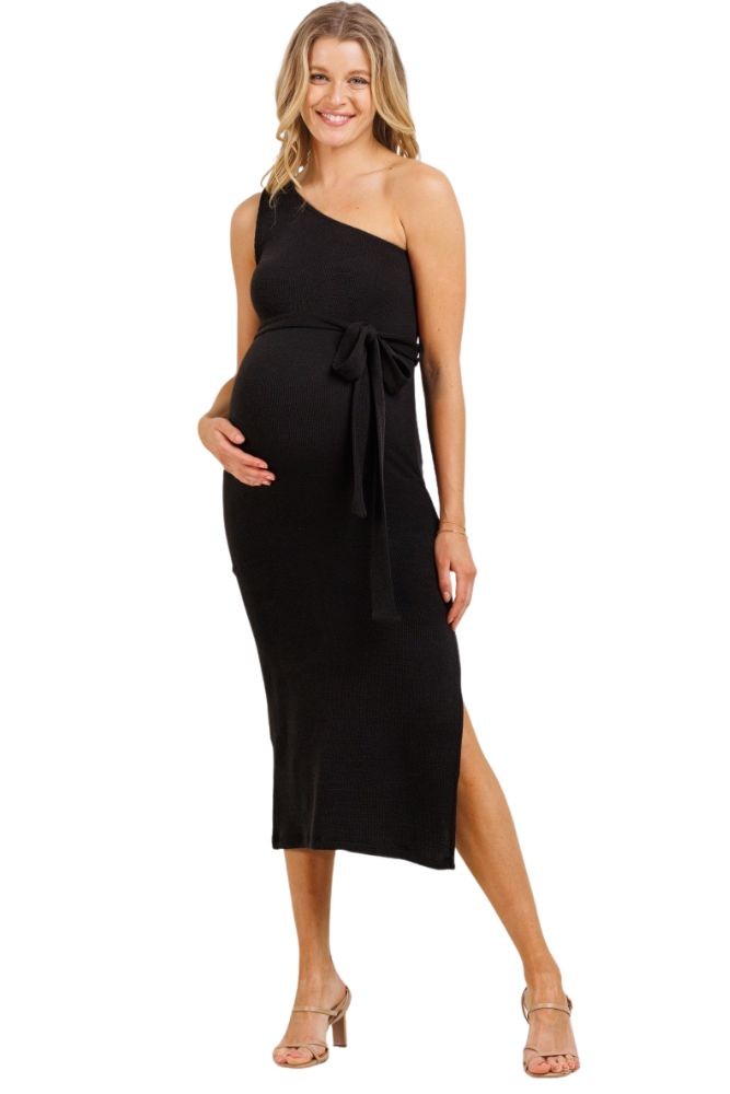 One Shoulder Waist Belt Ribbed Maternity Dress (Black)