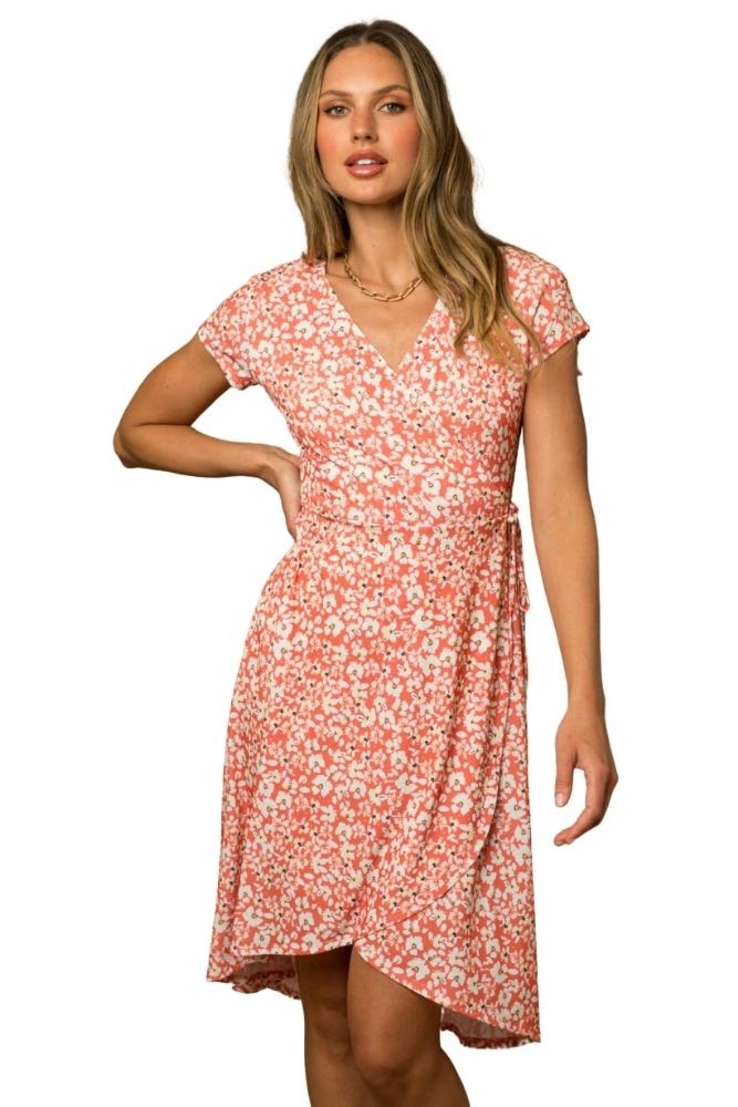 Francine Faux Wrap High-Low Hem Dress (Coral Lemon Floral Print)
