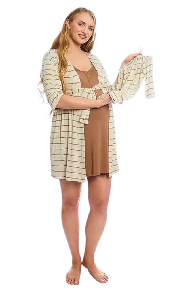 Carolyn Maternity & Nursing 4-Piece Gown & Robe PJ Set (Mocha Stripe)